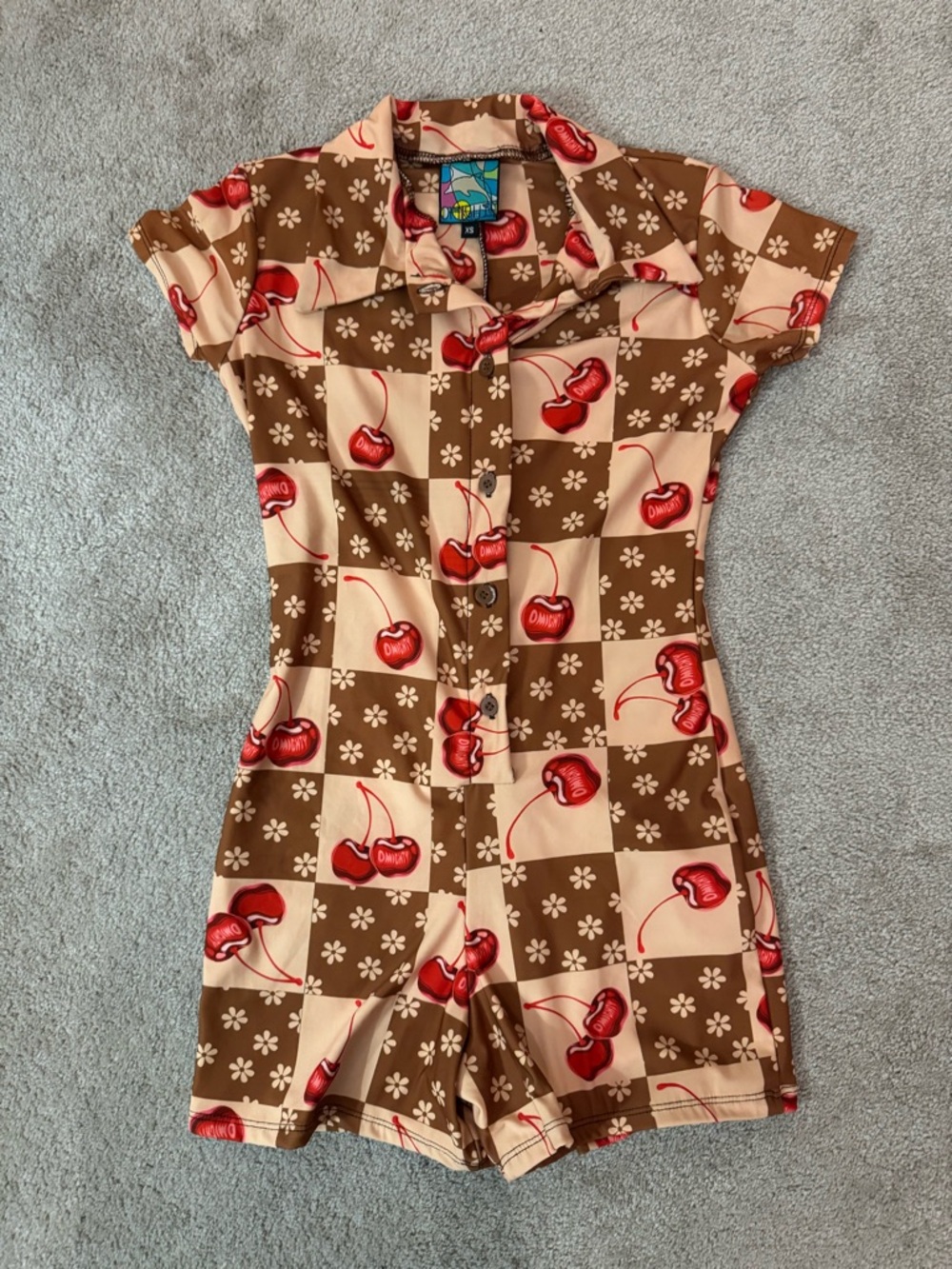 Brown, Cream & Red Cherry Print Romper